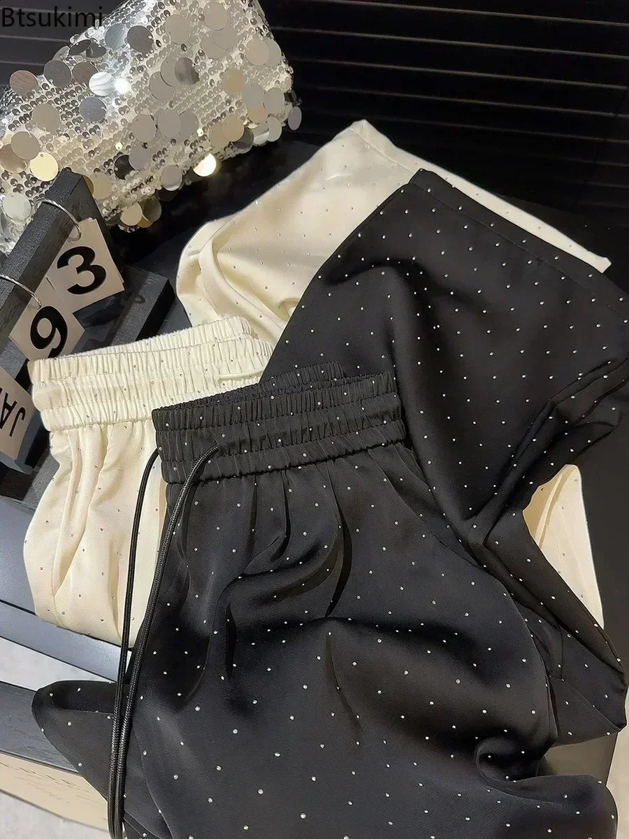 2025 High Quality Full Rhinestone Wide Leg Pants Fashion Drawstring High Waist Straight Pants Ladies Casual Trousers 241220