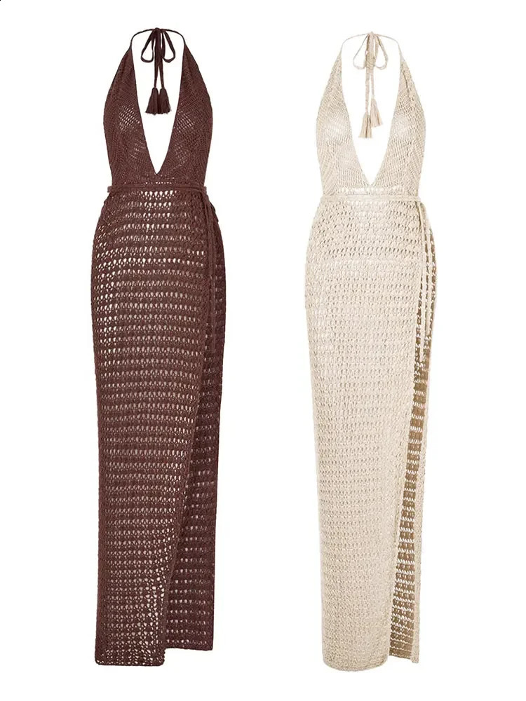 Sexy Knitted Crochet Backless Dress Womens Summer Vacation Beach Wear Swimsuit Cover Tunic A2889 241223