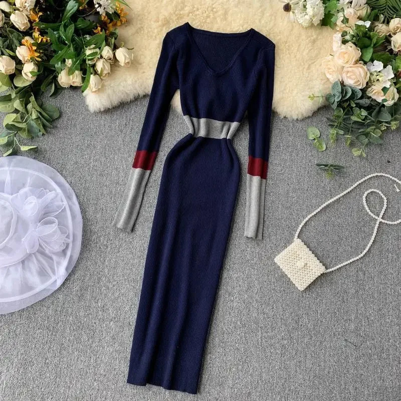 Women Autumn Winter Sweater Dress Fashion Patchwork V Neck Slim Elastic Warm Bodycon Pullovers Knitting 241218