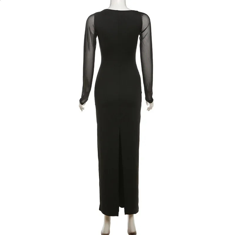 2025 Spring High Waist Womens Maxi Dress Round Neck Mesh Full Sleeve Hollow Sexy Tight Womens Festival Evening Dress 241223