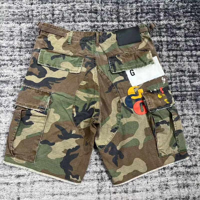 Designer Mens Camouflage Patchwork Leather Letter High Street Vintage Hip Hop Worn Work Denim Shorts Men