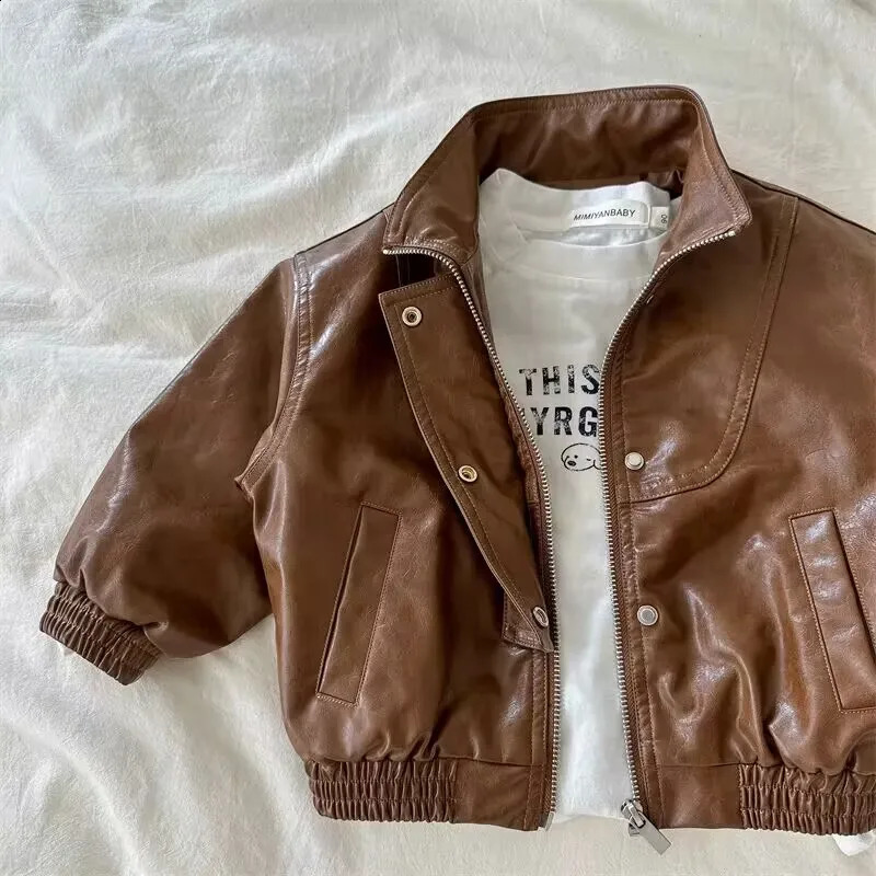 Boys Jacket outerwear Spring and Autumn Korean Childrens Vintage Zipper Leather Clothes Fashionable Baby Jackets Top 241223