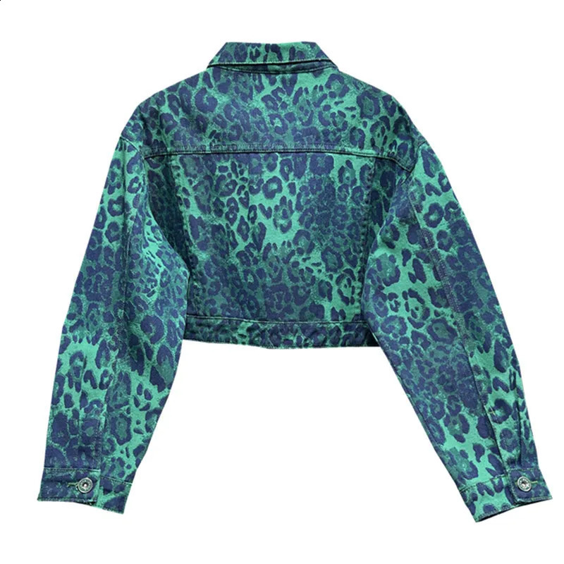 Autumn Women Fashion Leopard Print Short Denim Jacket Green Rose Red Irregular Single-breasted Lapel Long Sleeve Jeans Jackets 241223