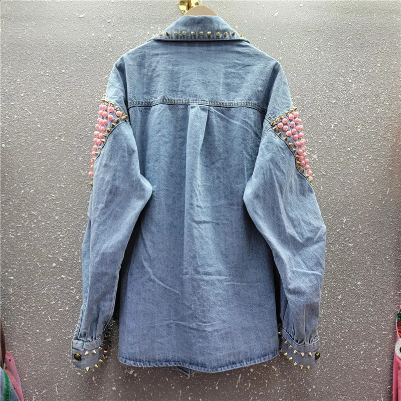 Spring Women Blue Denim Shirt Jacket Rivet Pearl Beaded Heart Pattern Casual Loose Long Sleeve Jeans Jackets Female Streetwear 241223