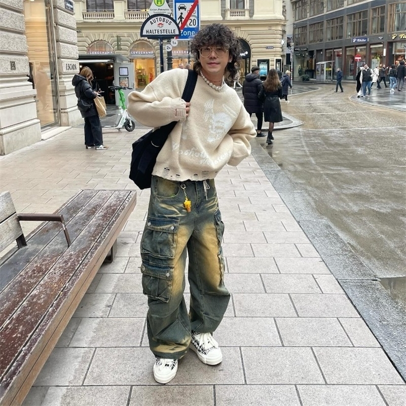 Streetwear Stylish Three-dimensional Pocket Washed Baggy Jeans Men Y2K Gothic Retro Casual High Waist Wide Leg Pants 241223