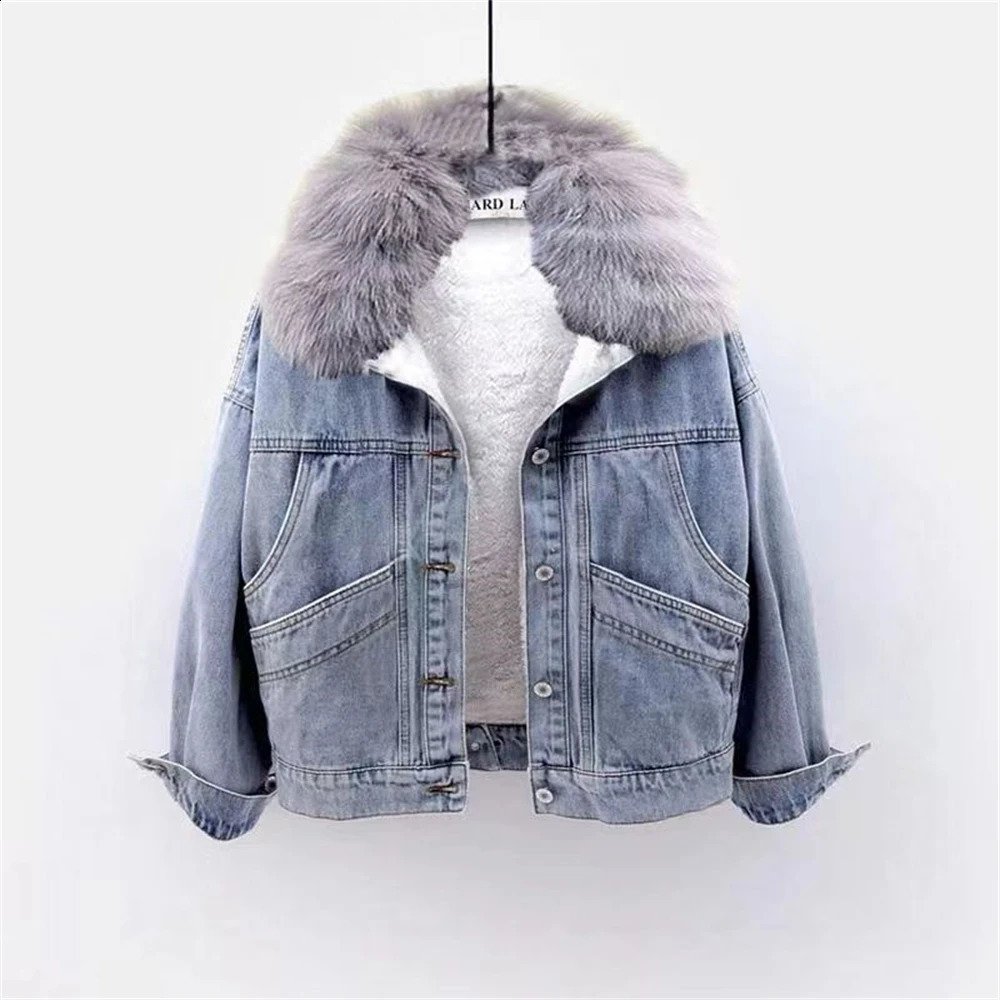 Winter Denim Jacket Women Fashion Fur Collar Warm Fleece Velvet Lining Denim Coats Bomber Jacket Female Blue Chaqueta Mujer 241220