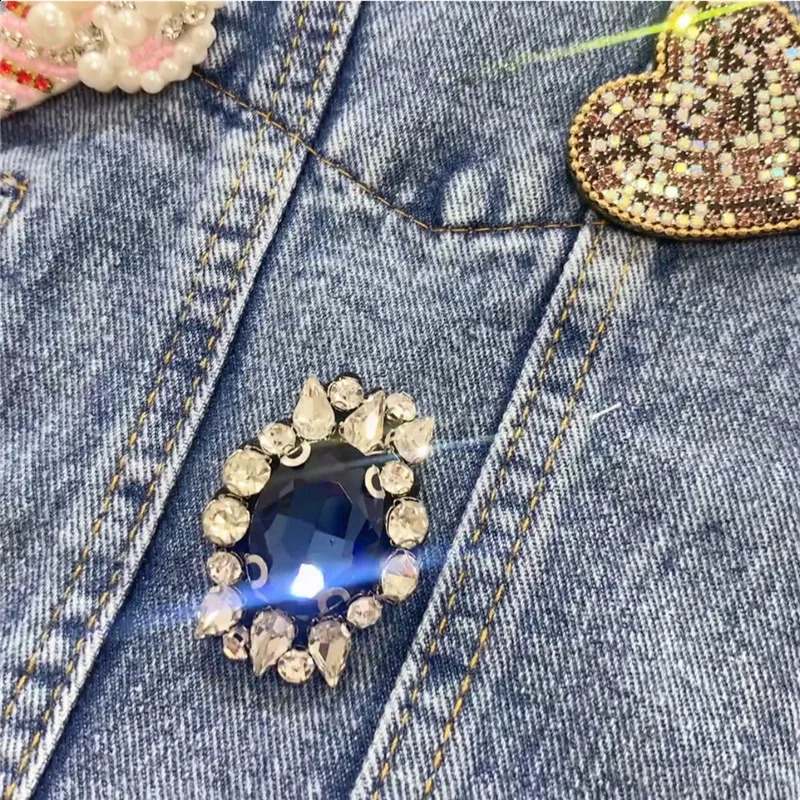 Hip Hop Streetwear All-matching Fashion Beaded Diamonds Denim Jacket Womens Autumn Loose Three Dimensional Decoration Coat 241223