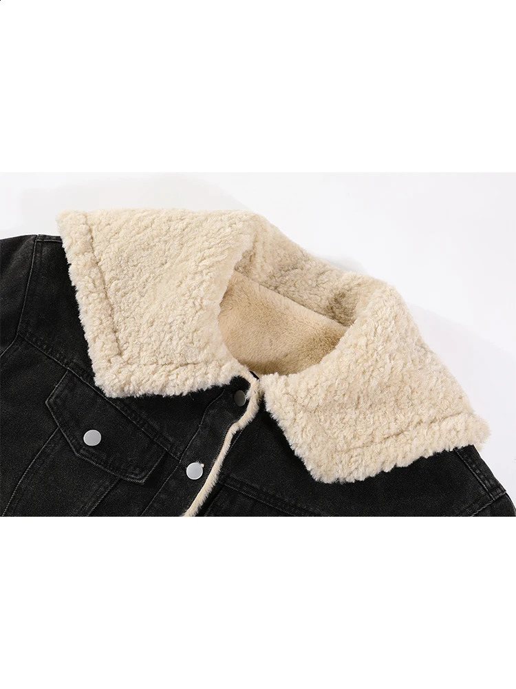 Winter Women Korean Sailor Collar Thick Lambs Wool Jean Jacket Warm Outwear 2000s Vintage Harajuku Denim Coat Old Money Tomboy 241218