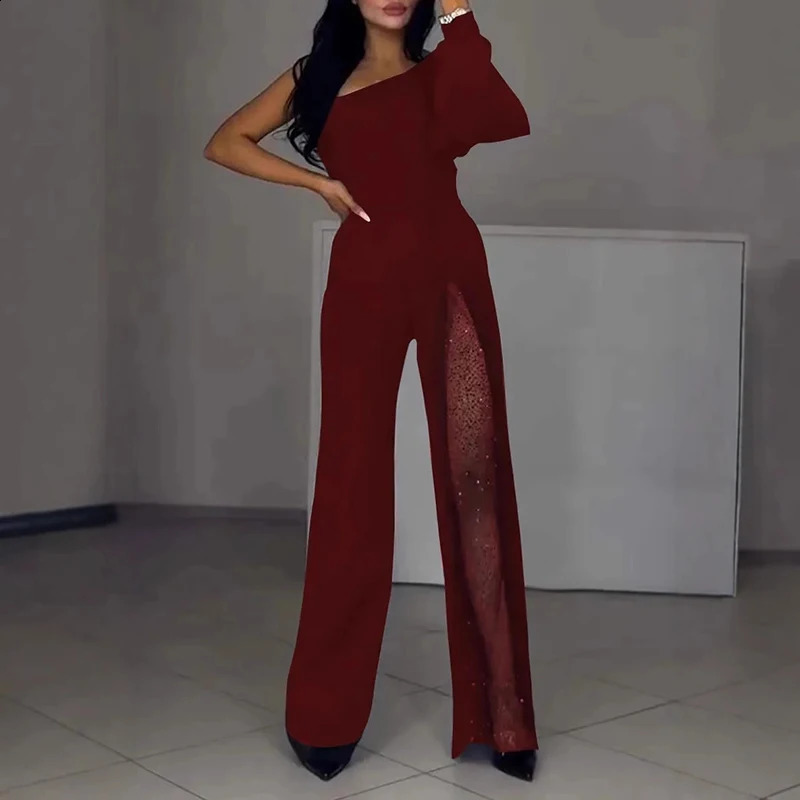 Sexy One-shoulder Backless Party Jumpsuit Women Spring Elegant High Waist Straight Romper Fall Hollow Mesh Flare Pants Playsuits 241224