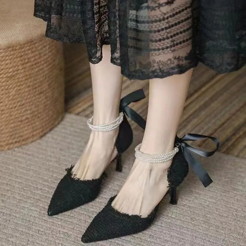 Womens Pump Wedding Beaded Pearl High Heels Womens Sexy Elegant Dot Toe Sexy Pearl Shoes 241223