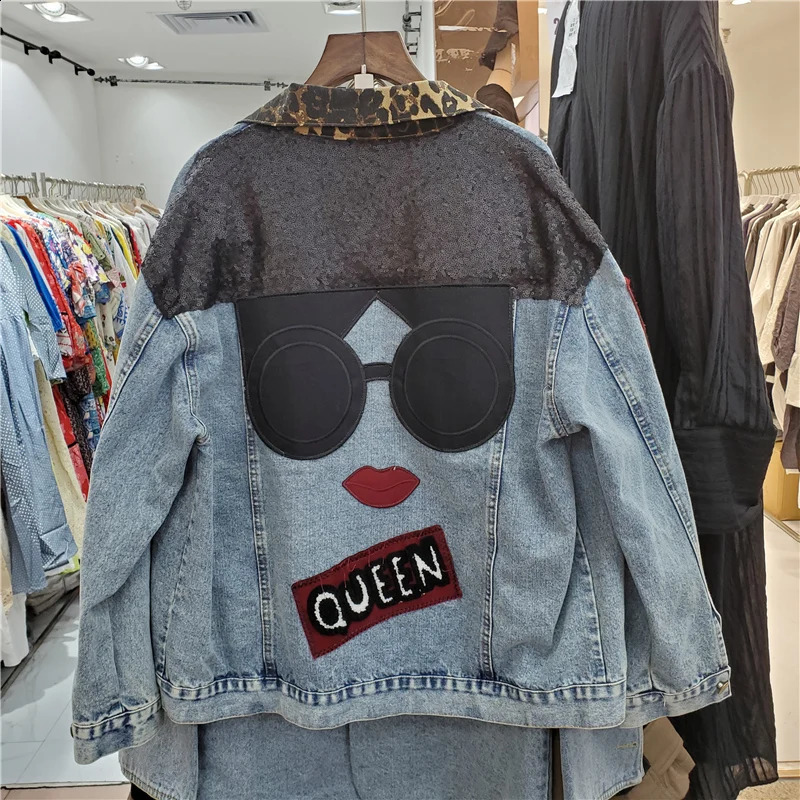 Leopard Turndown Collar Splicing Denim Jacket Women Loose Cow Outerwear Sequins Patch n Big Pocket Jeans Jacket Female 241223