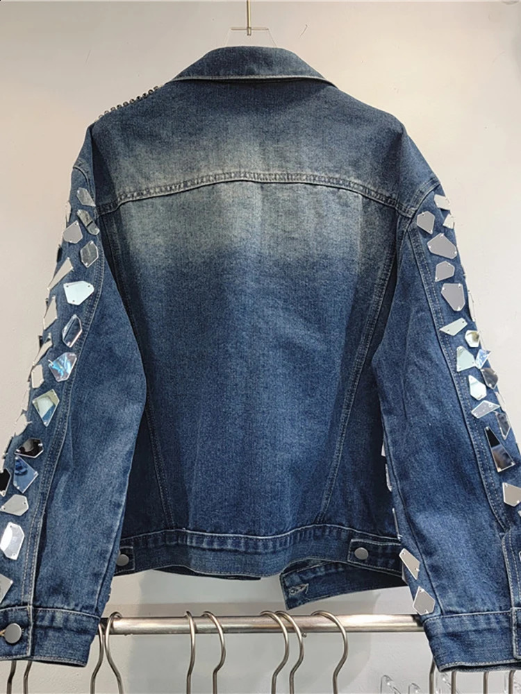 DEAT Womens Denim Shiny Irregular Sequins Colorful Diamonds Blue Long Sleeve Female Coat Jacket 2025 Spring Fashion 33A1799 241223