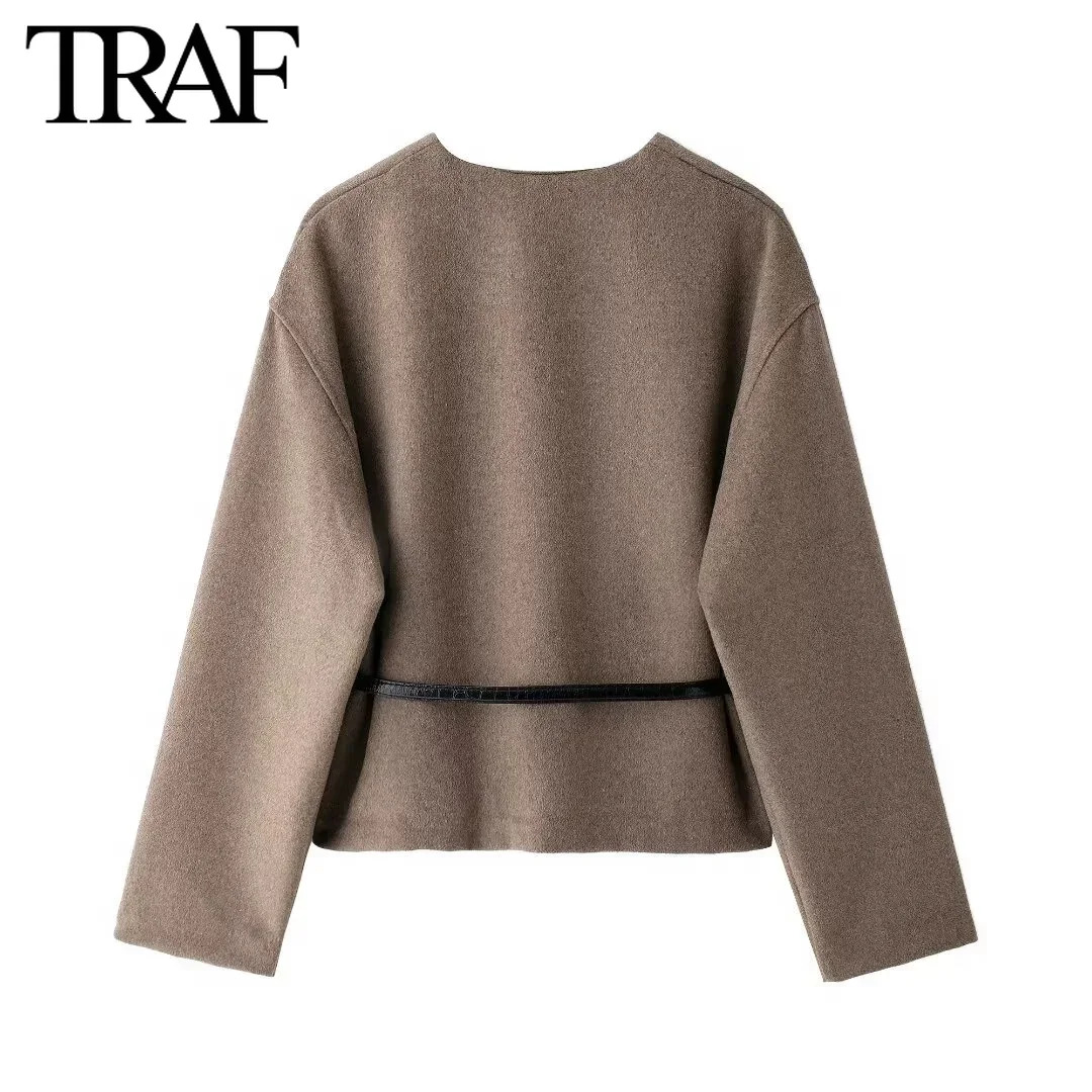 TRAF Jacket For Women Fashion 2024 Autumn Winter New Solid Color Belt Soft Long Sleeved V-Neck Short Coats Chic Ladies Tops
