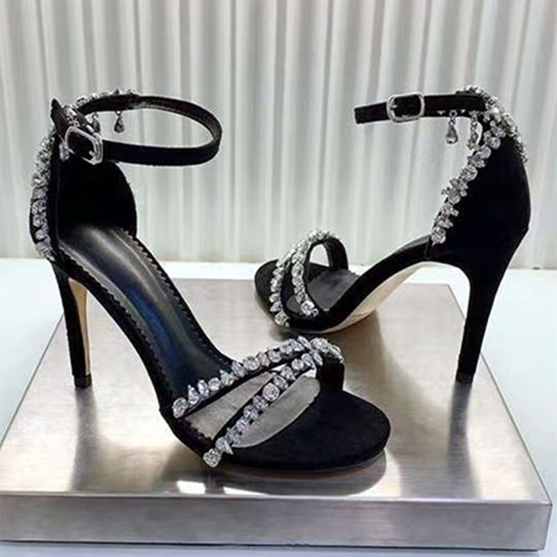 Design Sandals Women Crystal Chains Decor High Heels Dress Party Shoe Woman Black Ankle Strap Sandalias Femmes Prom Pumps