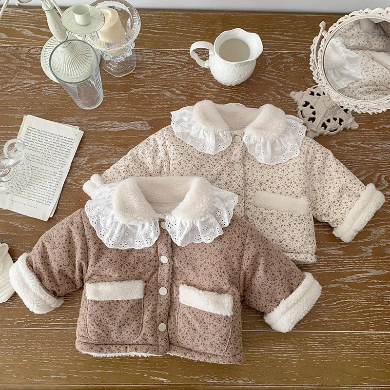 Winter Toddler Baby Girl Thicken Warm Jacket Floral Printing born Baby Girls Plush Cardigan Coat Children Thick Plush Clothes 241223