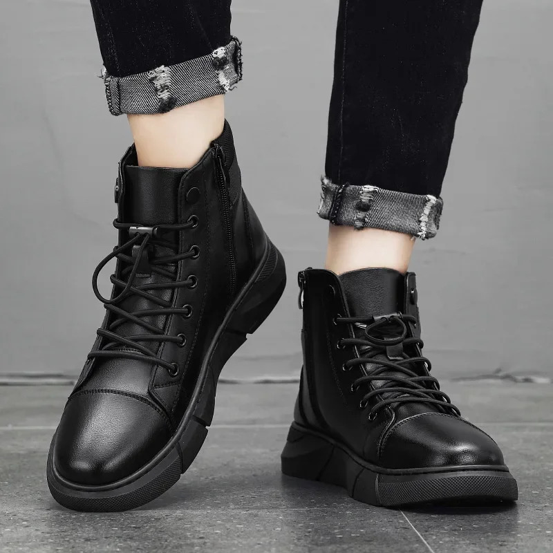 Black Ankle Pu Leather High Casual Shoes For Men Autumn Comfort Platform Boot Winter Fur Boots Botas De Trabo Hombre