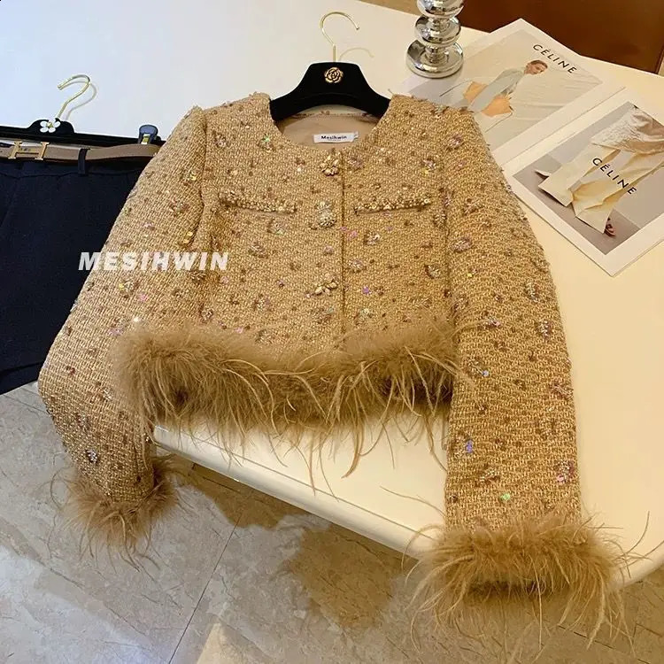 Spring Autumn Sequins Small Fragrant Style Feather Jacket Spliced Elegant Ostrich Fur Top Womens Cardigan 241218