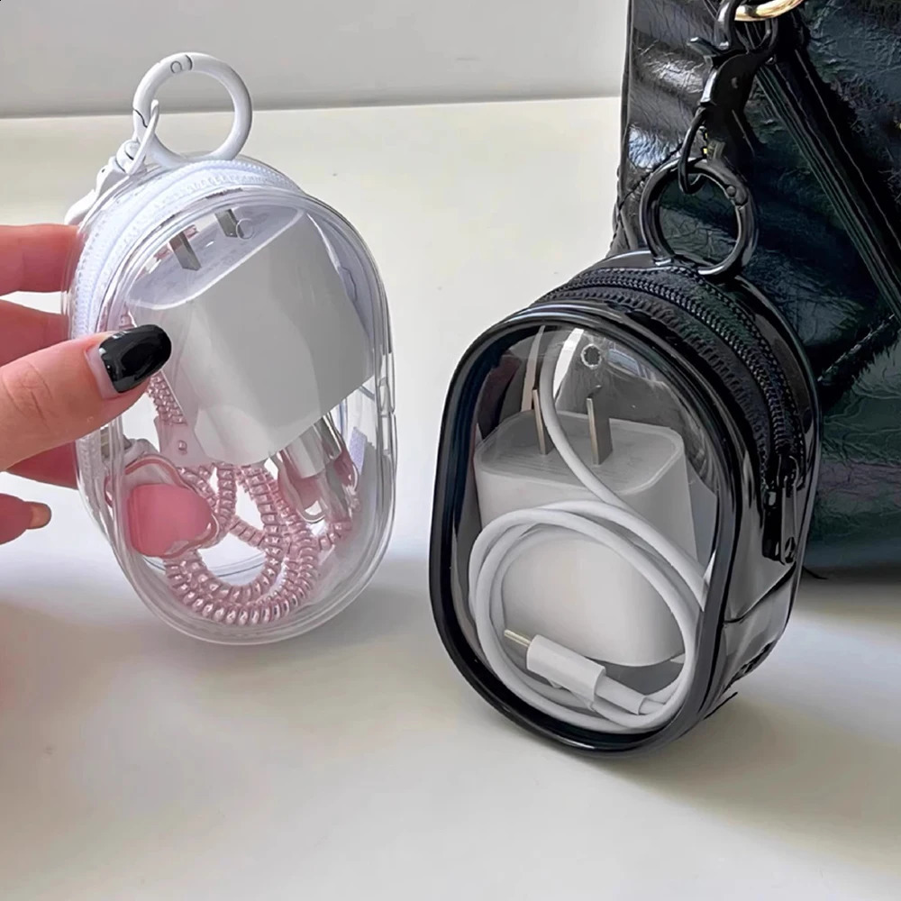 Round Black PVC Transparent Cosmetic Bags Jewelry Organizer Portable Data Cable Earphone Coin Charger Storage Pouches 241213