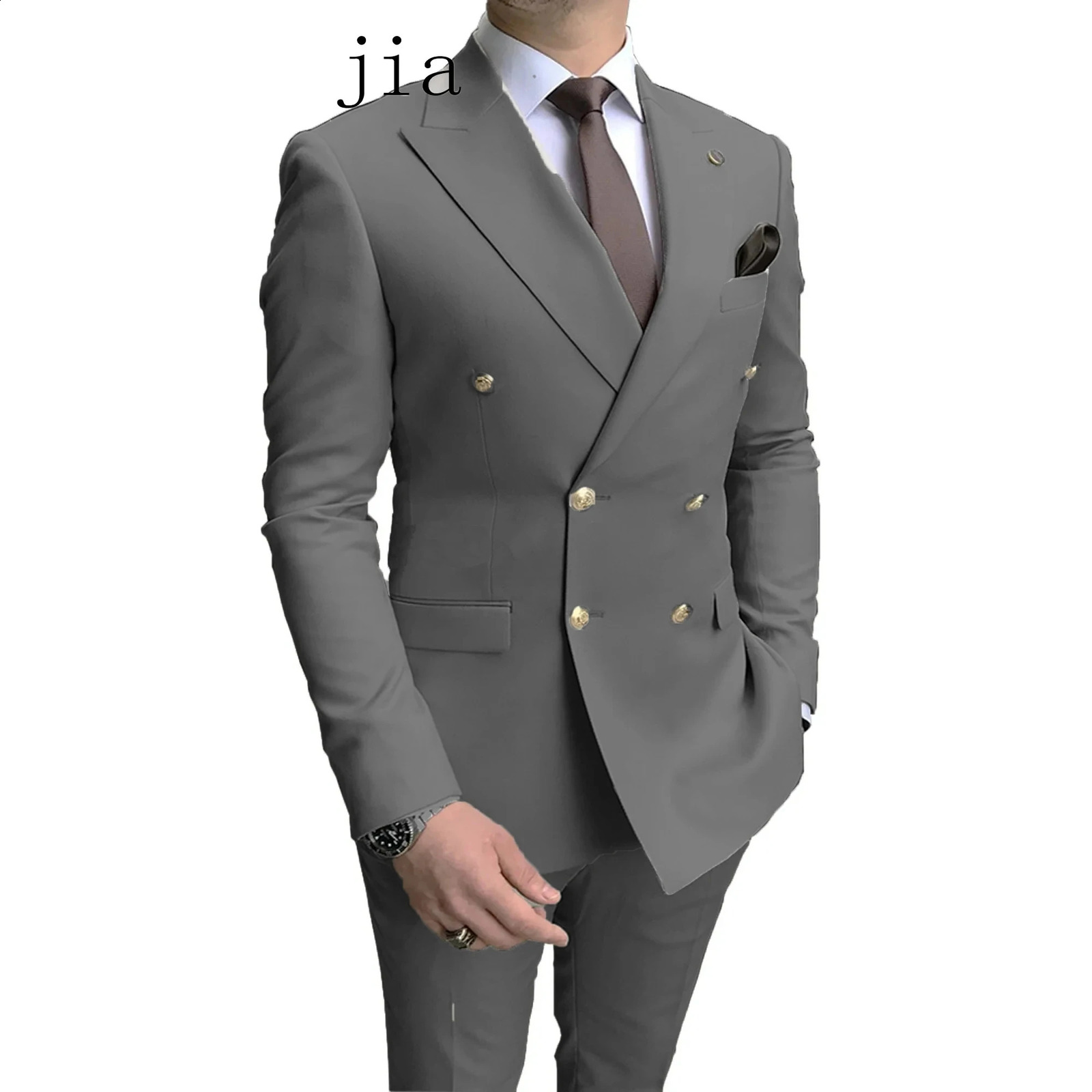 2023 Casual Sky Blue Men Suits Double Brested Lapel Gold Button Groom Wedding Tuxedos 2 Pcs Blazers Jacket Pants Set 241220