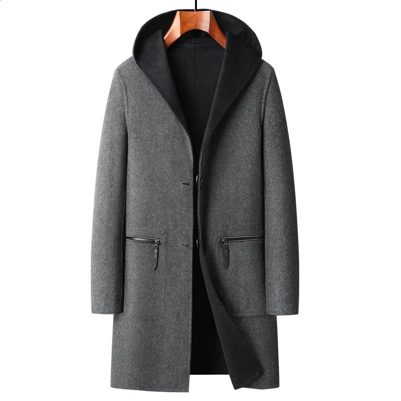 2023 AutumnWinter Mens Large Pocket MediumLength Woolen Jacket Hooded DoubleSided Handmade Overcoat 241220