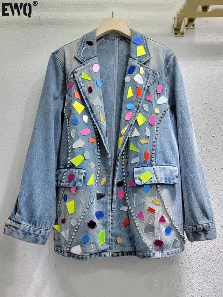 EWQ Colorful Handmade Washed Diamond Inlaid Denim Jackets For Women Fashionable Loose Outerwear Coat Spring Autumn 6U8767 241223