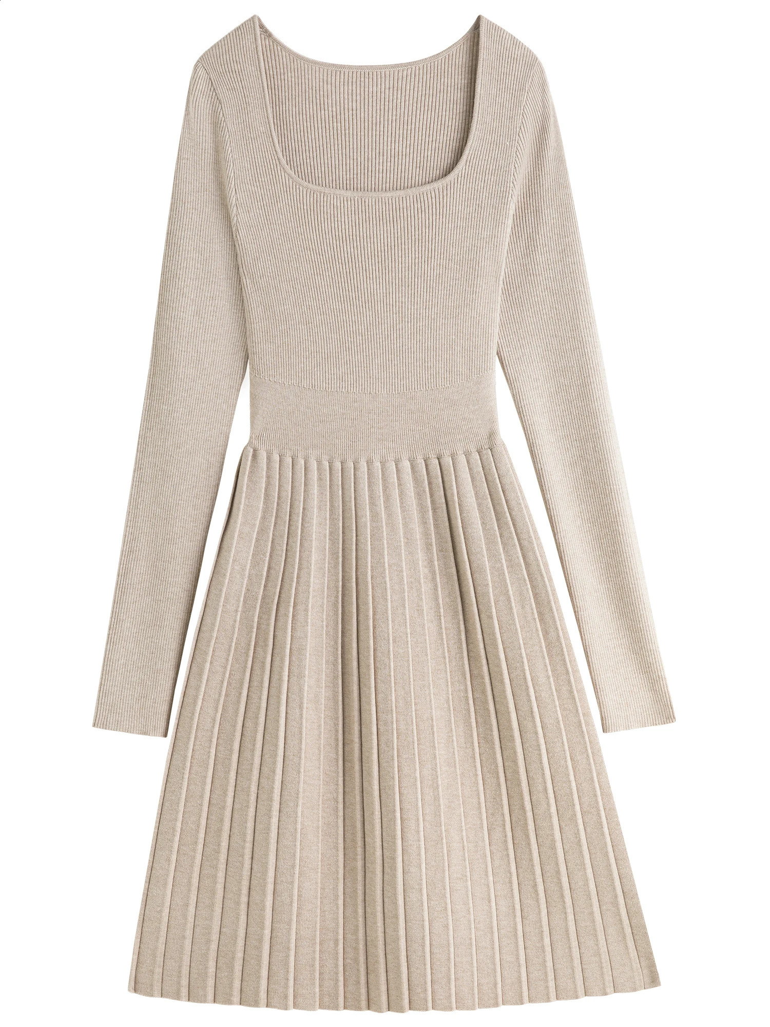 FSLE Women Knitted Dress Square Neck Long Gentle Oatmeal Color Female Autumn KneeLength Sweater Dresses 24FS13267 241218