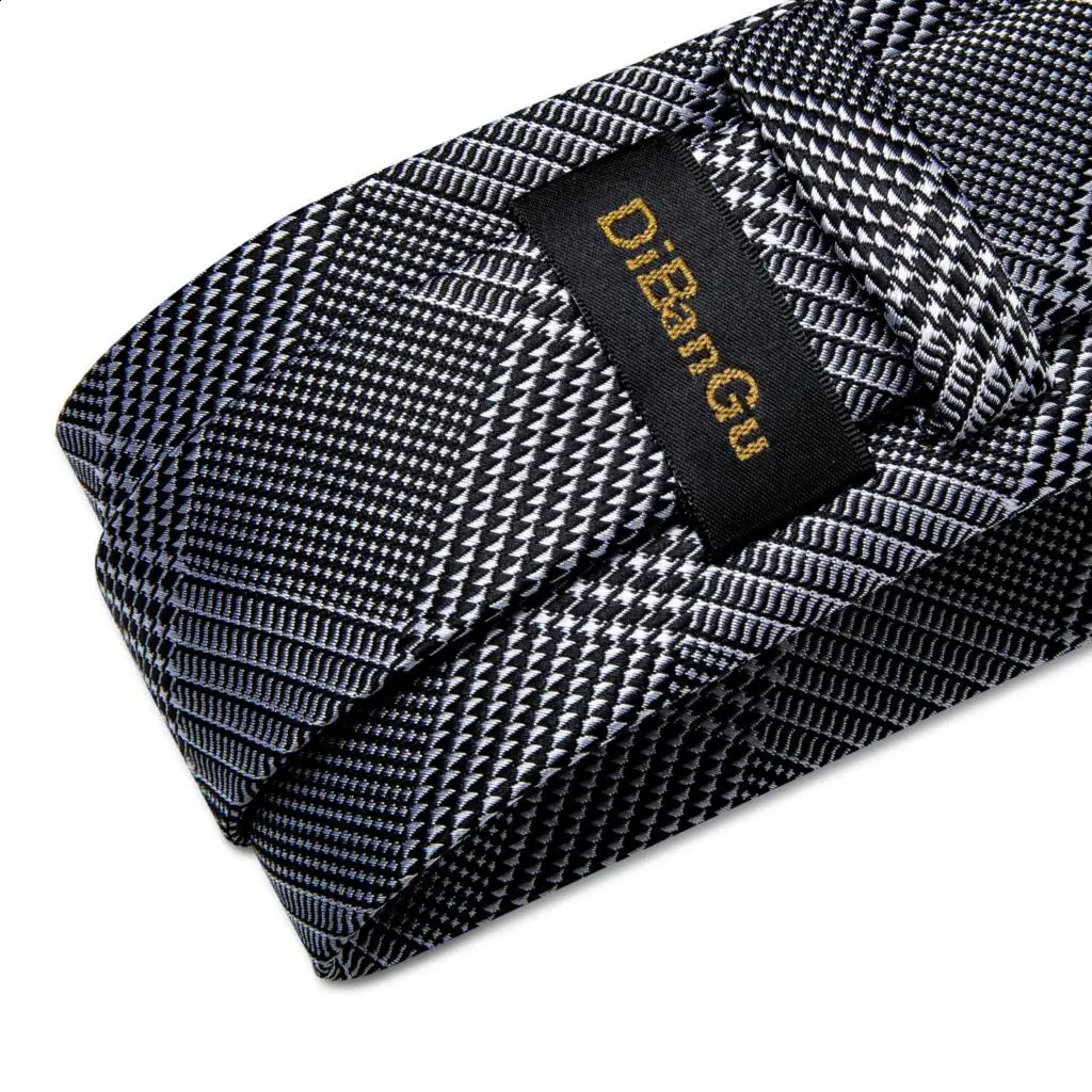 Silver Black Houndstooth Silk Ties For Men With Silver Tie Buckle Hoop Mens Hood Tie Set Pocket Square Men Gift 241224