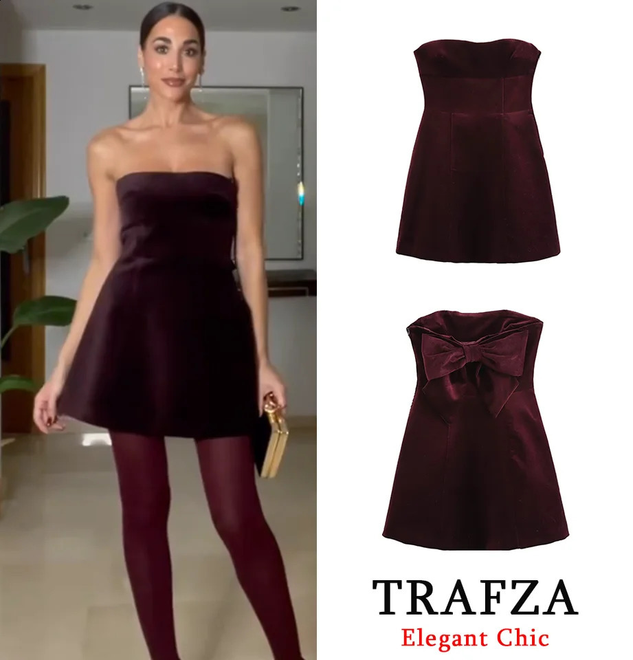 TRAFZA Womens Elegant Velvet Dress with Bow Tube Retro Dress Lined with Fashion Dinner Date Party Sexy Dress 241223