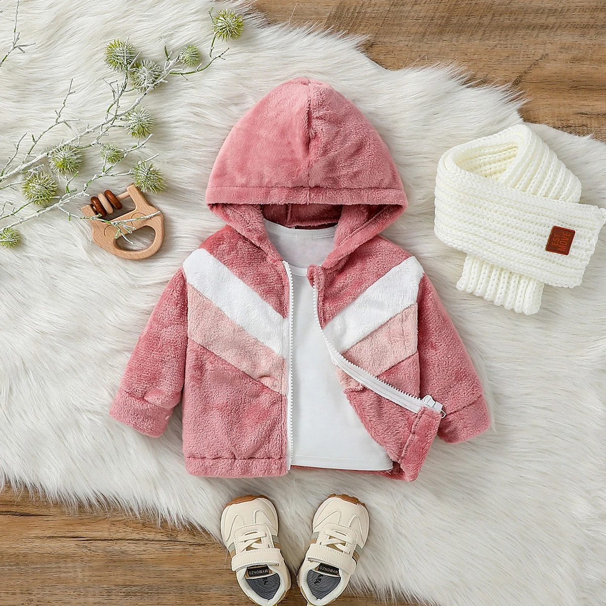 Baby Girl Warm Long Sleeved Hoodie Cute Pink Jacket Plush Winter Clothes for 1-3 Years Children 241223