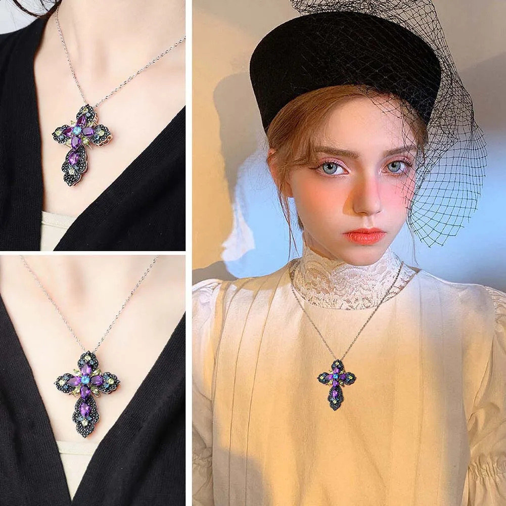 GZ ZONGFA Natural Color Gemstone Pure Silver Cross Pendant Amethyst Lemon Gemstone 241213