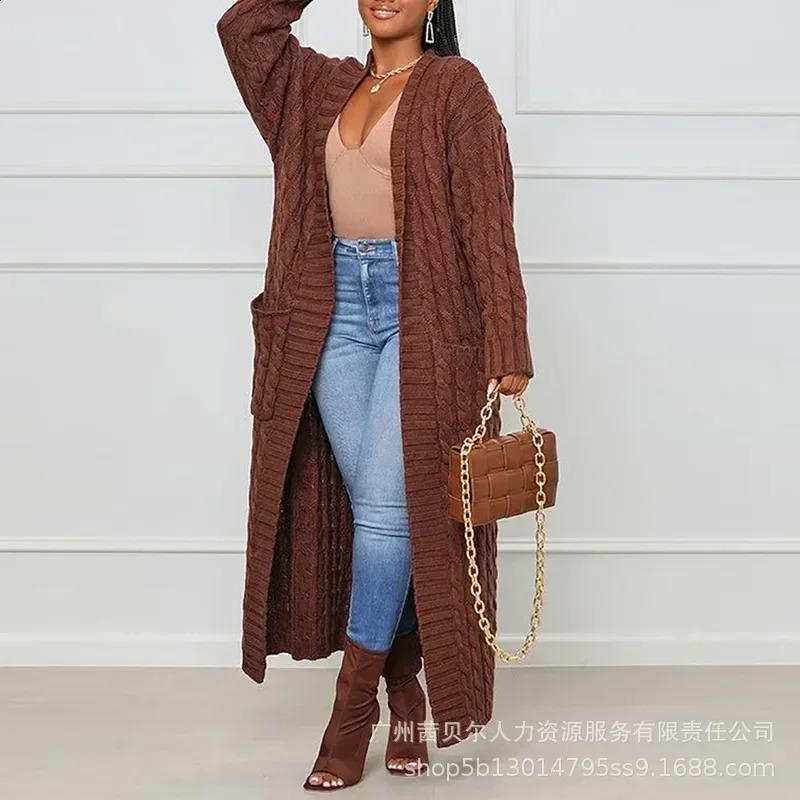 Open front cable knitted long line cardigan womens long sleeved loose fashionable casual open cardigan knitted solid color 241223