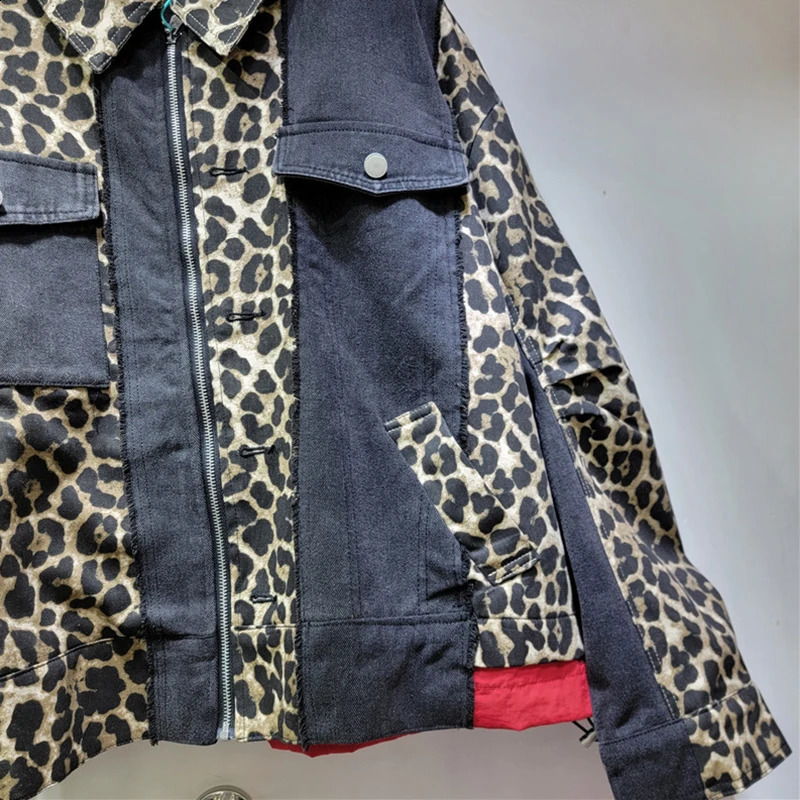 KBQ Leopard Printting Denim Jackets For Women Lapel Long Sleeve Patchwork Zipper Minimalist Chic Coats Female Fashion Clothes 241223