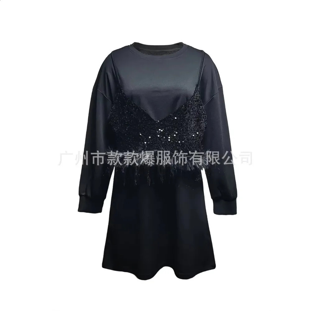 Autumn and winter fashion sequined feather dress for womens casual round neck long sleeved sequined feather straight tube dress for women 241223