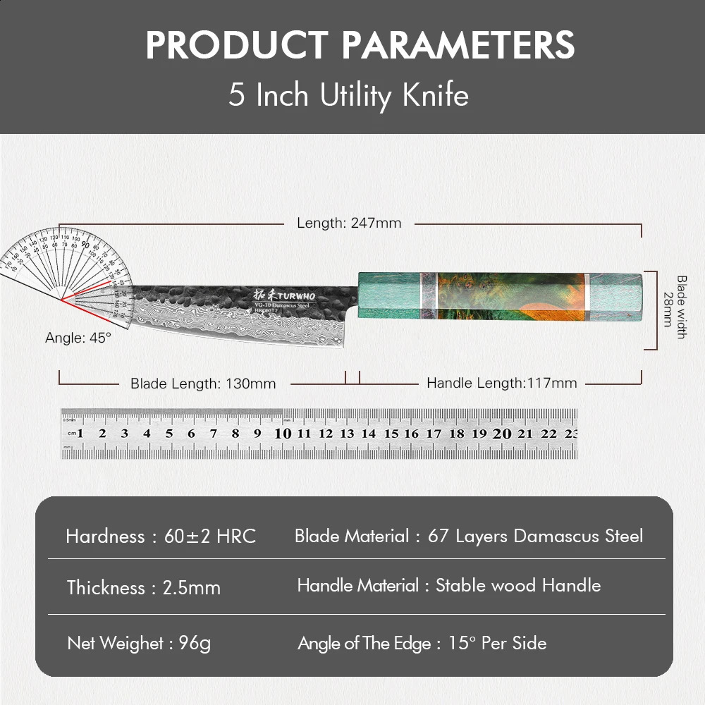 TURWHO 5 Japanese Hand Forged Kitchen Practical Knife Damascus Steel Chef Knife Fruit and Meat Cooking Tool Stable Wooden Handle 241224