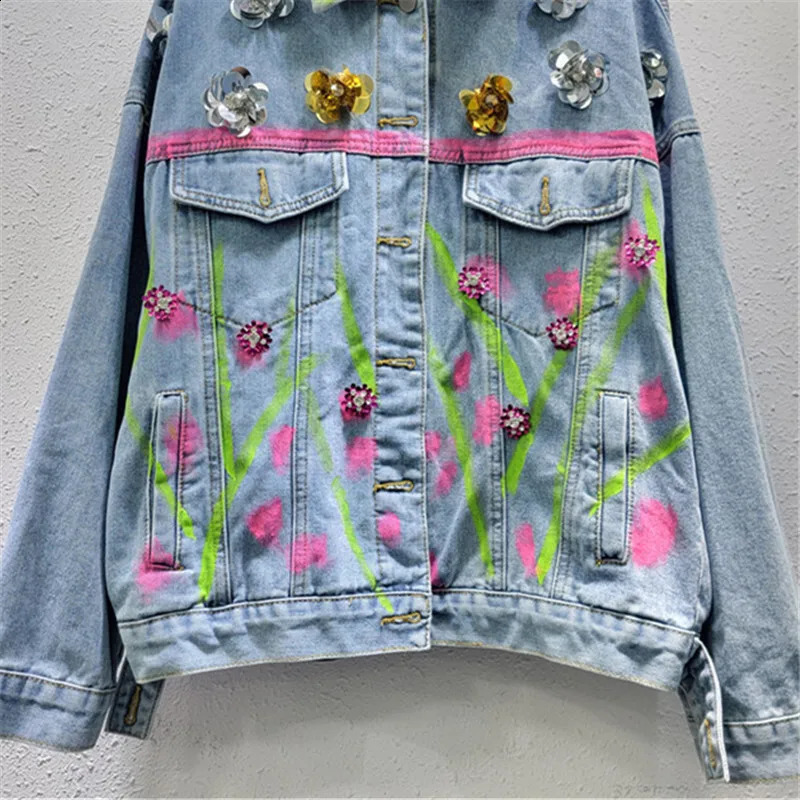 Sequin Flower Decoration Hand-painted Graffiti Printing Blue Denim Jacket Autumn Women Casual Lapel Long Sleeve Jeans Jackets 241223