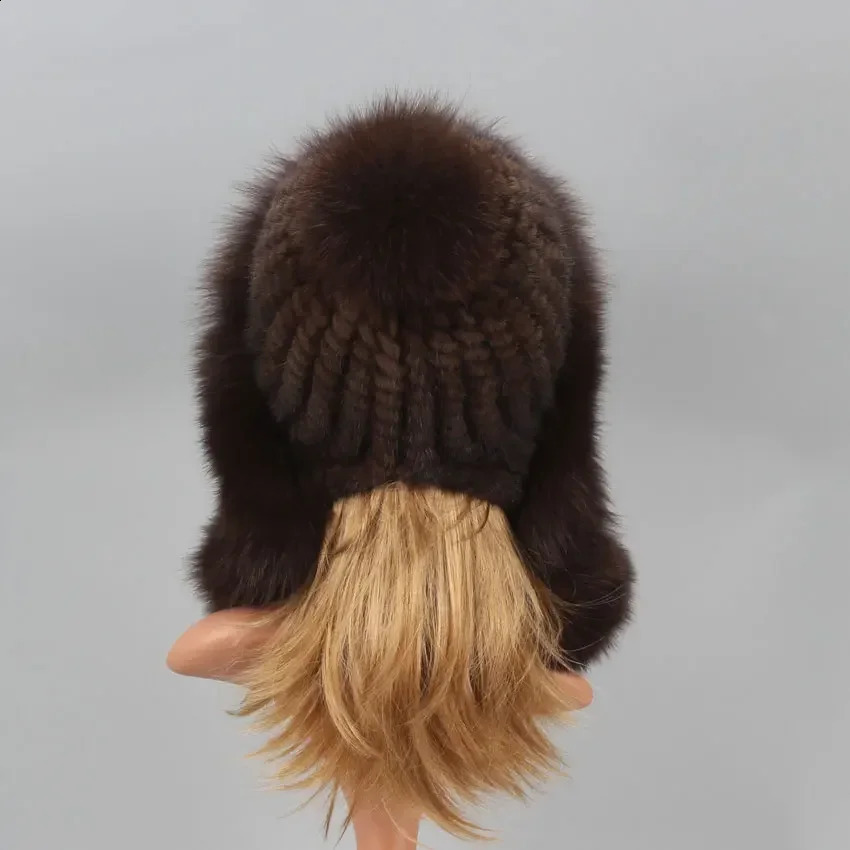Real Mink Fur Hat with Fox Fur Ball Earmuffs Protective Cap Winter Hat for Women Russian Autumn Hat Fox Fur Beanies Fall Bonnets241224