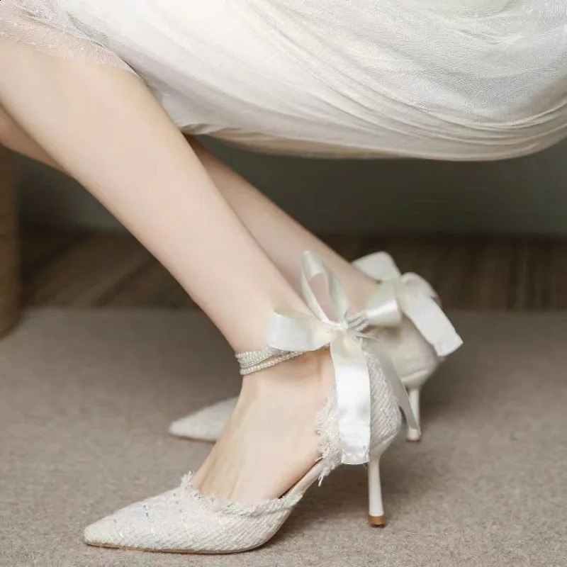 Womens Pump Wedding Beaded Pearl High Heels Womens Sexy Elegant Dot Toe Sexy Pearl Shoes 241223