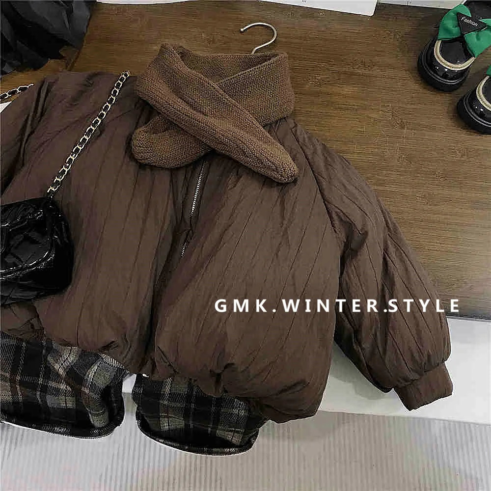 Winter Children Girls Parkas Cotton Padded Zipper Infant Babys Girl Outerwear Bubble Sleeve Toddler Girl Jacket Solid Knit Scarf 241223