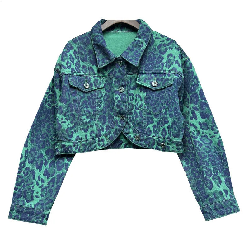 Autumn Women Fashion Leopard Print Short Denim Jacket Green Rose Red Irregular Single-breasted Lapel Long Sleeve Jeans Jackets 241223