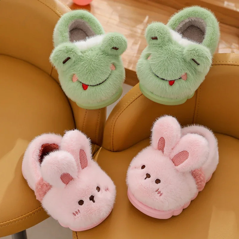 Childrens Cartoon Animals Heel Wrap Plush Slippers Soft Sole Non-slip Winter Warm Baby Boys Girls Indoor Home Cotton Shoes 241223