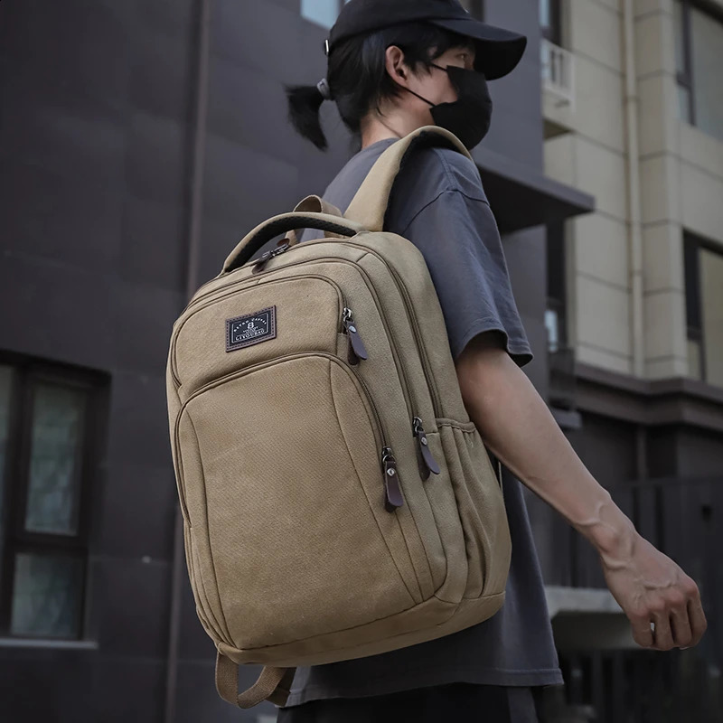 Canvas Backpack For Men Outdoor Camping Knapsack Male Youth Khaki Waterproof Travel Backpacks Daily Work Pack Army Green Gray 241224