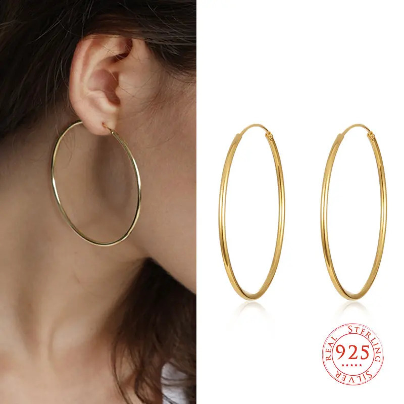 15/20/25/30/35/40/50/70mm 100% S925 Big Huge Thin Hoop Earrings Large Round Circle Ear Jewelry for Women Lady Girl Gold Color 241224
