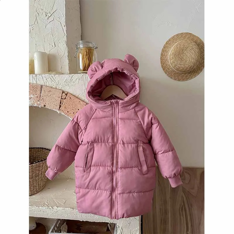 Girls Winter Coat Boys Padded Thickened Warm Long Outerwear Children Solid Color Hooded Clothes Jacket 2-8 Years Old 241223
