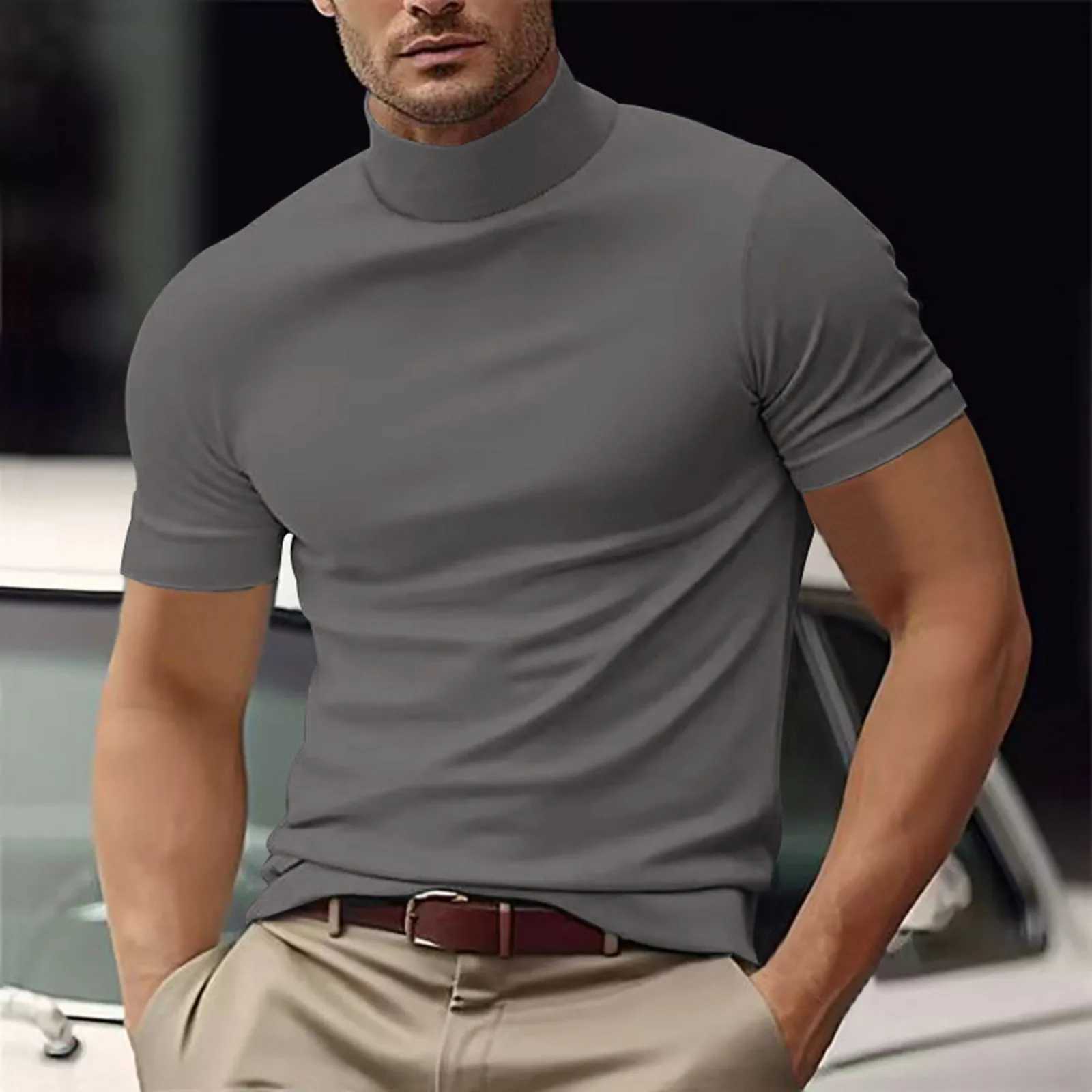Short sleeved T-shirt mens Turtleneck shirt short sleeved Pullover underwear slim fit top mens plain T-shirt Harajuku streetwear W241223