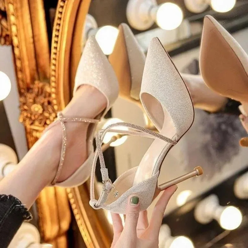 Womens sparkling sequin pump womens pearl strap sparkling wedding party shoes womens high heels cross strap high heels 241223