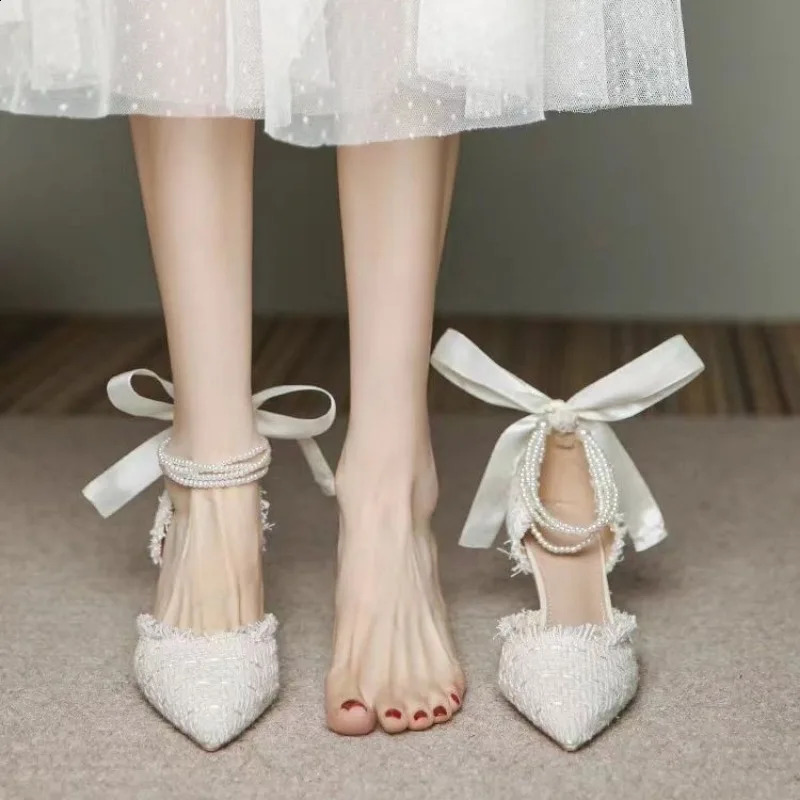 Womens Pump Wedding Beaded Pearl High Heels Womens Sexy Elegant Dot Toe Sexy Pearl Shoes 241223