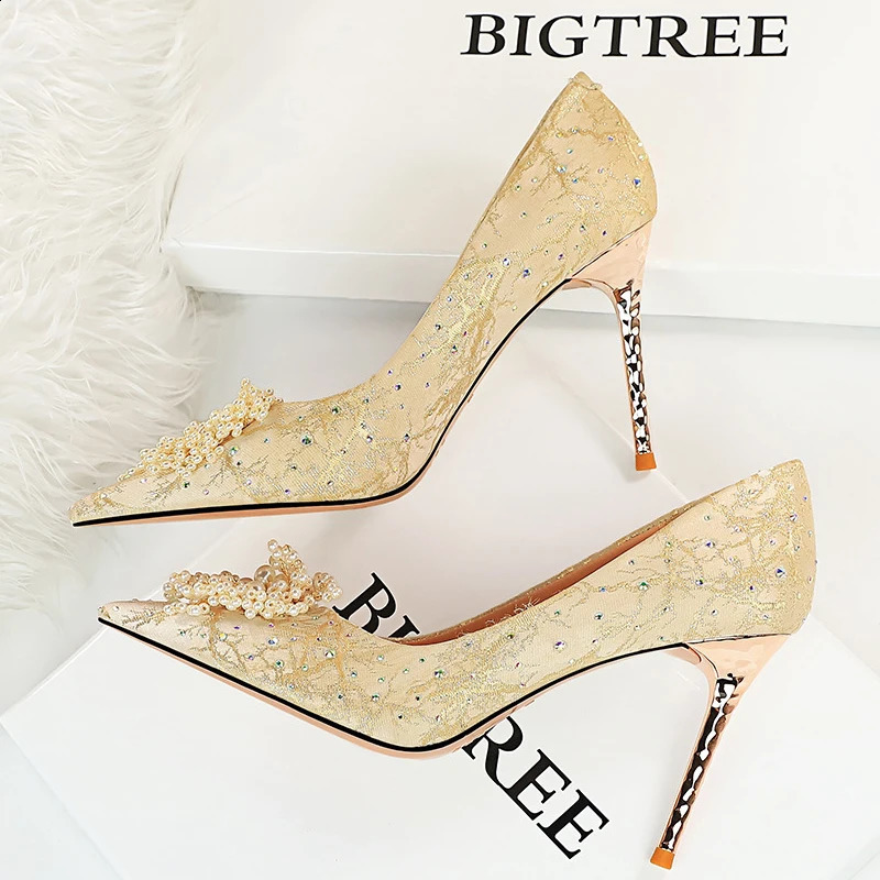 BIGTREE Shoes Pearl Flower Womens Pump Rhinestone High Heels Womens Fine High Heels Large Size Womens Pump 241223