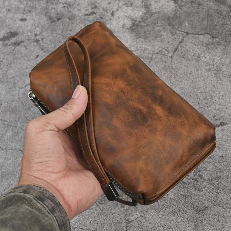 Vintage Mens Clutch Bags Genuine Leather Handbag Male Long Money Wallets Phone Pouch Man Clutch Soft Leather Coin Purse 241224