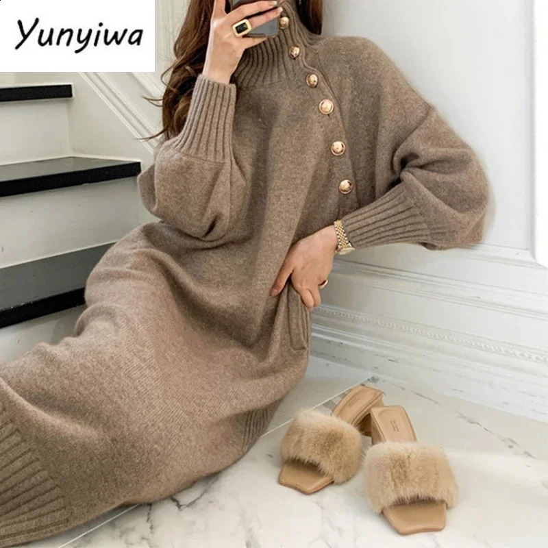 Winter Turtleneck Buttons Women Knitted Dress Elegant Full Sleeve Laceup Female Thicken Long for Sweater Autumn 241218