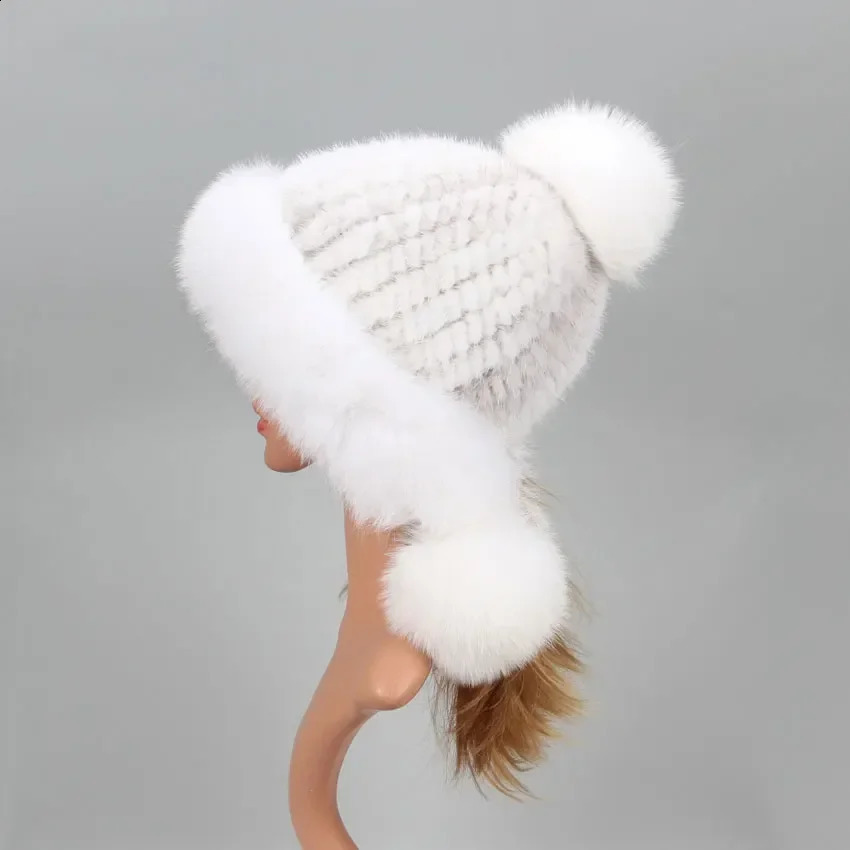 Real Mink Fur Hat with Fox Fur Ball Earmuffs Protective Cap Winter Hat for Women Russian Autumn Hat Fox Fur Beanies Fall Bonnets241224